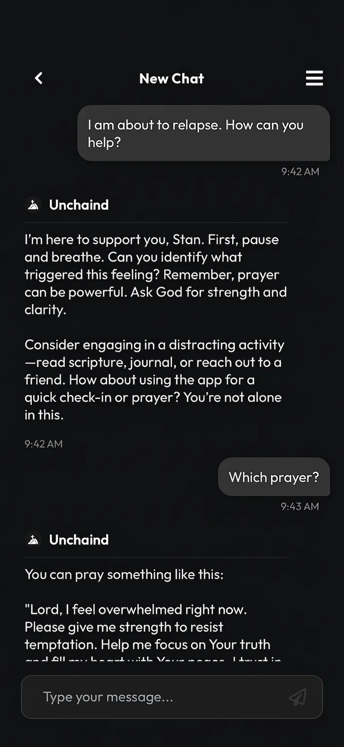 Unchaind AI Bible companion chat offering Scripture-based encouragement at night