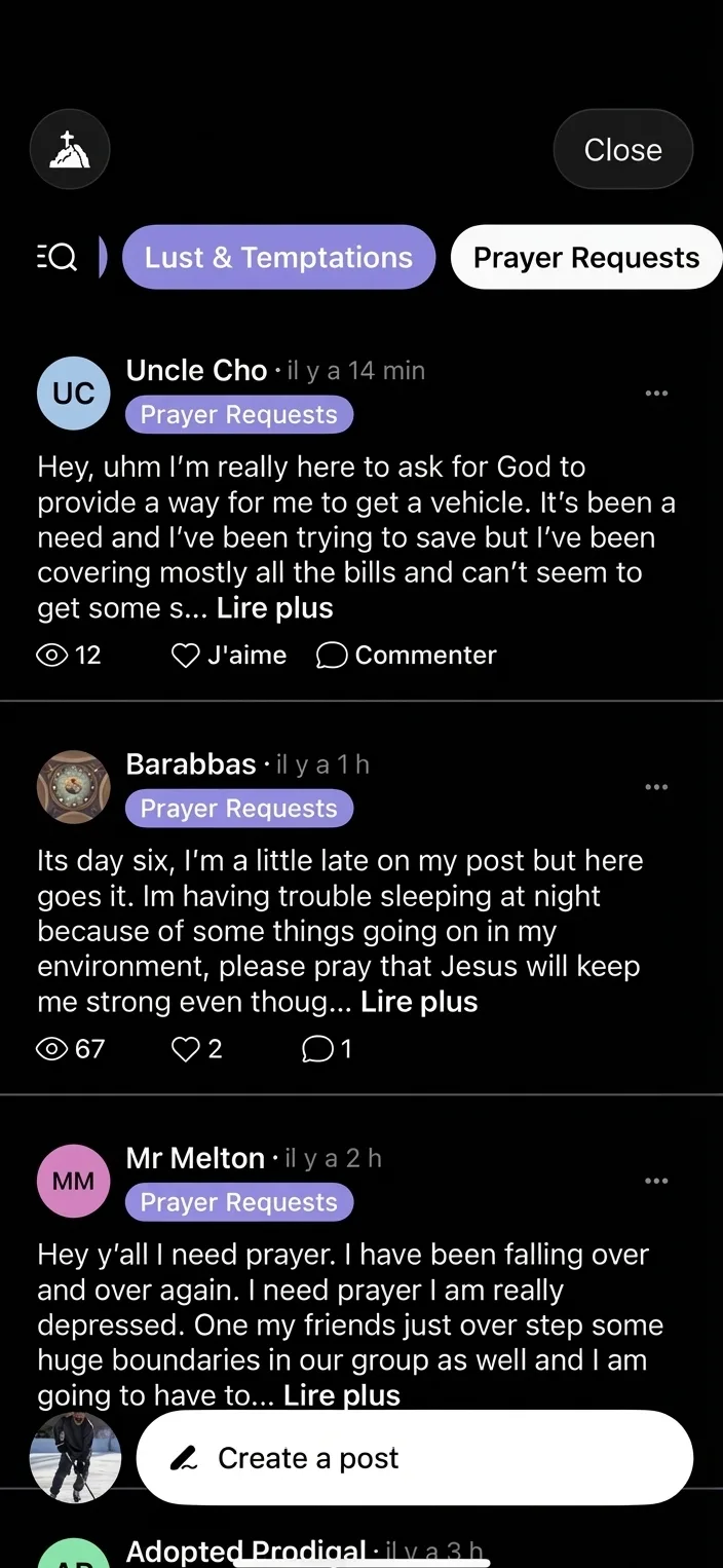 Unchaind community feed with prayer requests and encouragement from other men